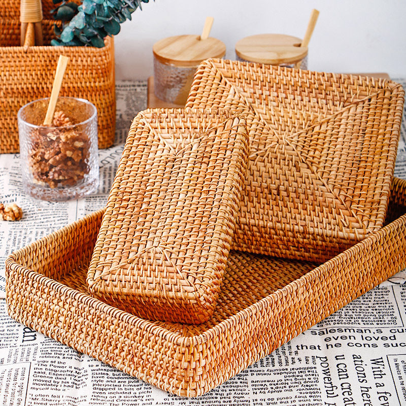 Rustic Handmade Rattan Tray Set - Farmhouse Meets Japandi