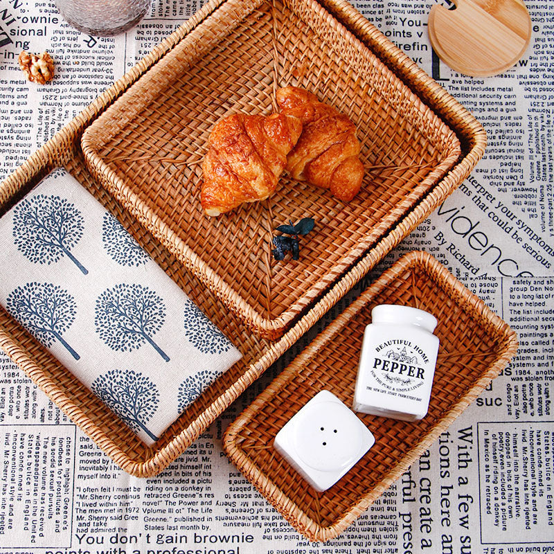 Rustic Handmade Rattan Tray Set - Farmhouse Meets Japandi