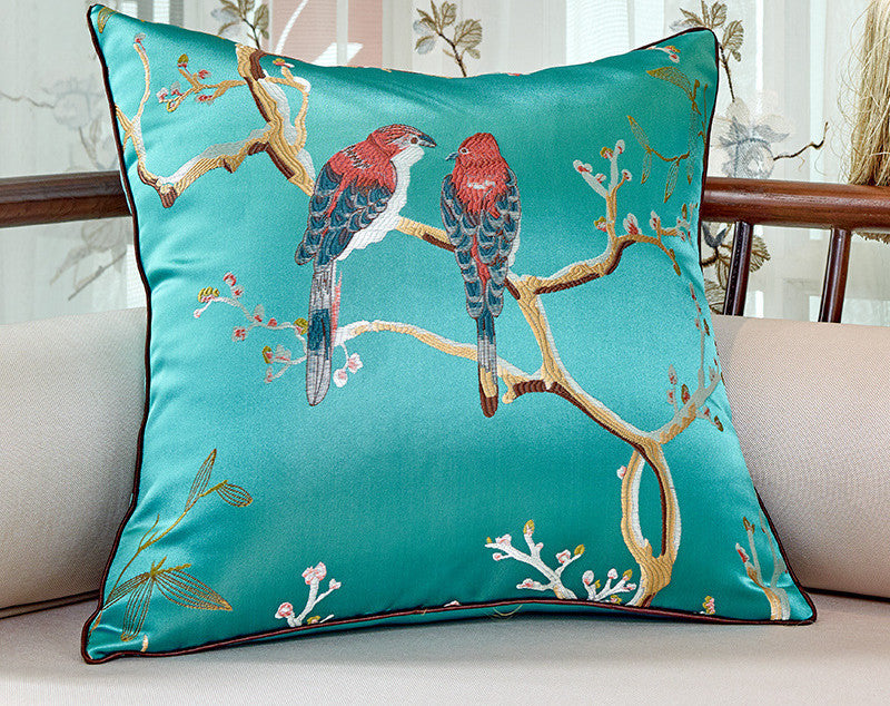 Chinois Oriental Throw Pillow Flower And Bird Jacquard Style Chair Cushion