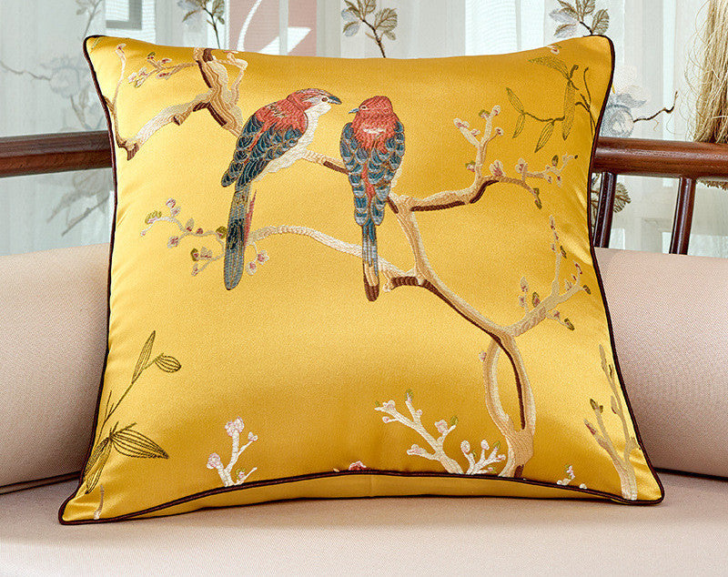 Chinois Oriental Throw Pillow Flower And Bird Jacquard Style Chair Cushion
